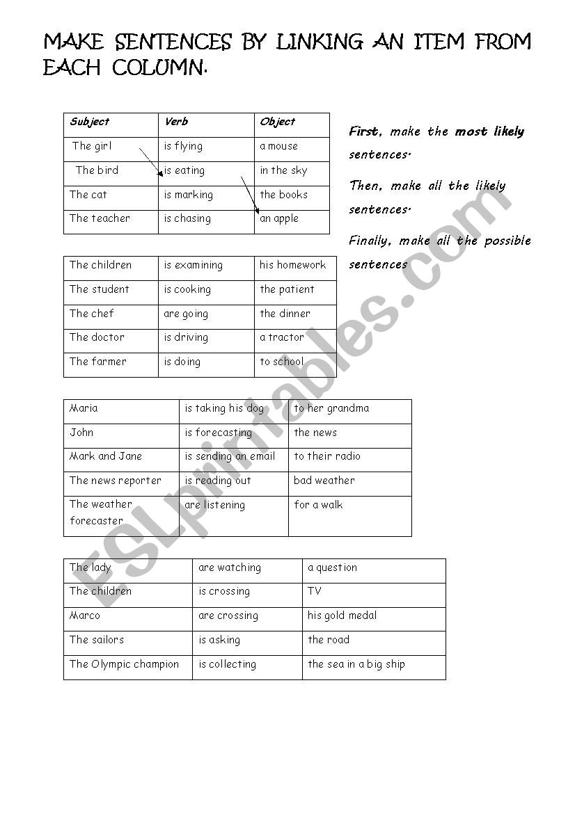 Simple sentence maker worksheet