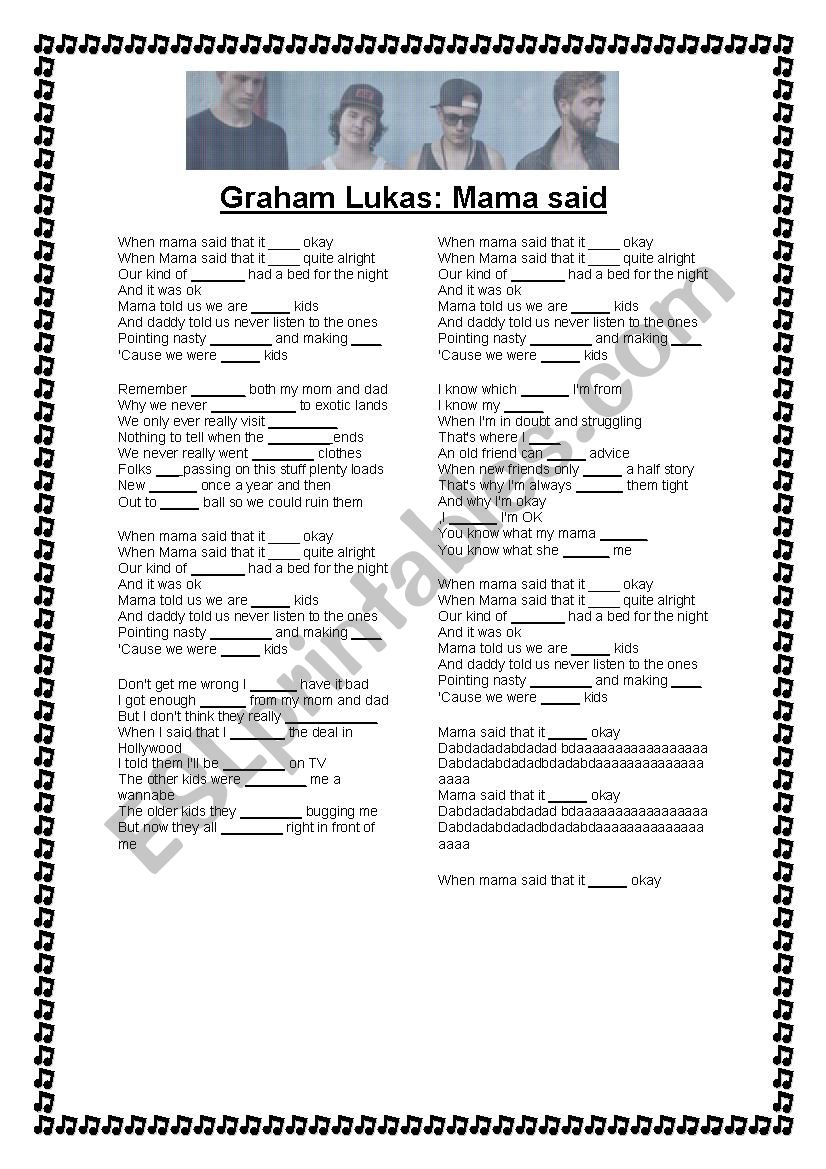 Mama said by Lukas Graham worksheet