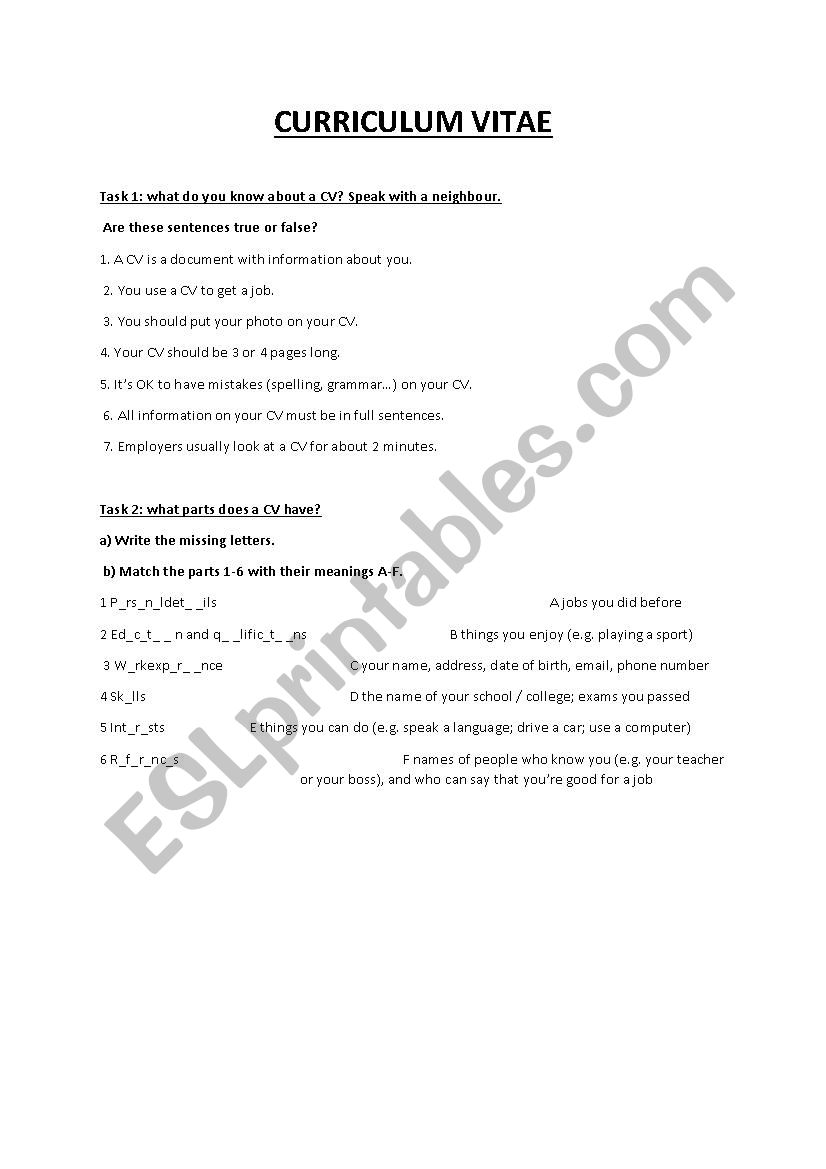 CV worksheet worksheet