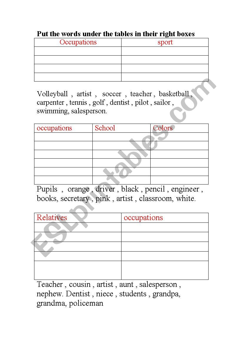occupations worksheet