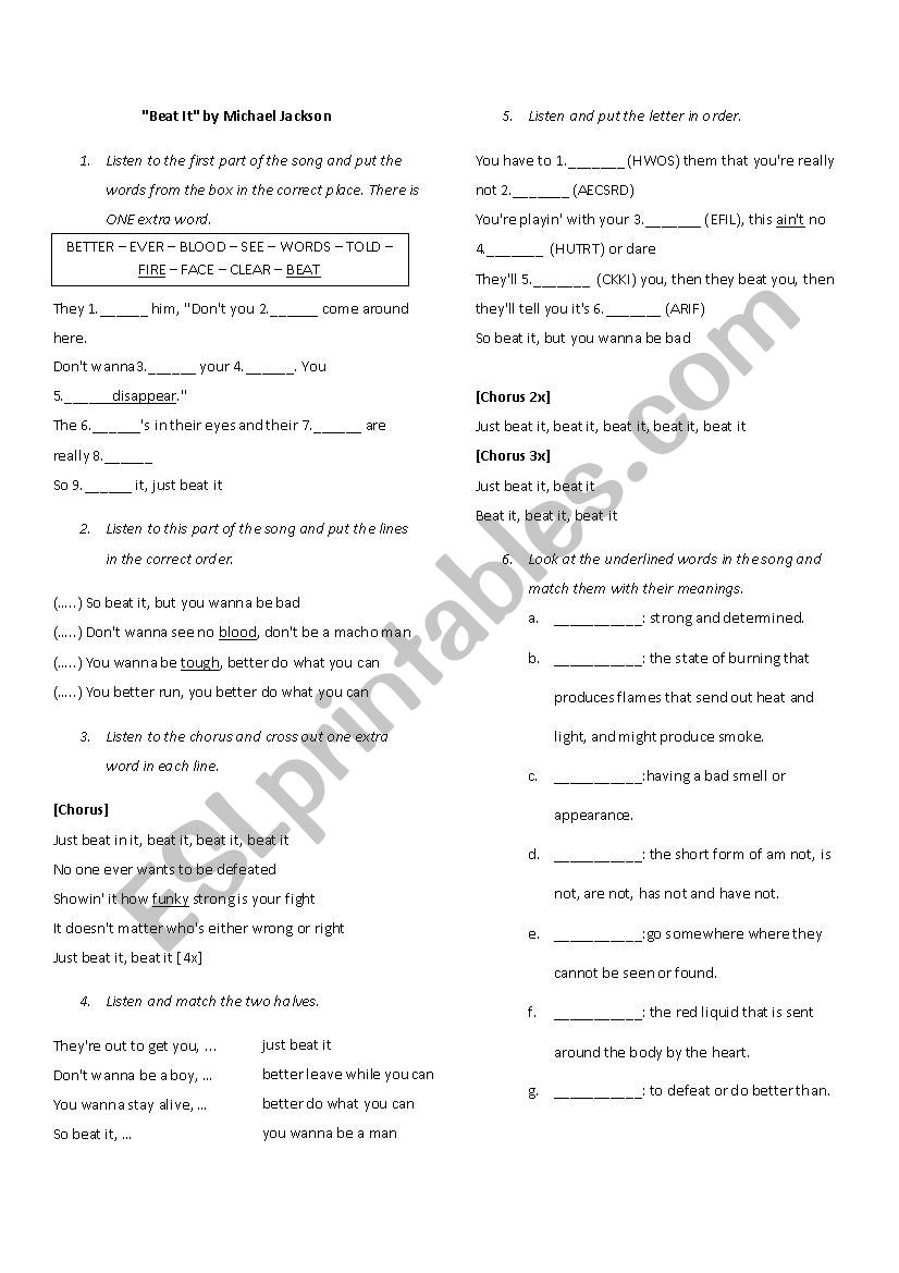 Beat it by Michael Jackson worksheet