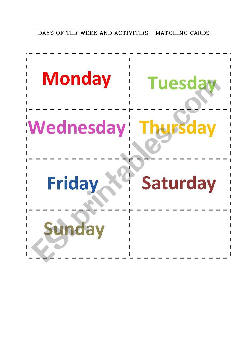 Days of the week and activities - matching cards