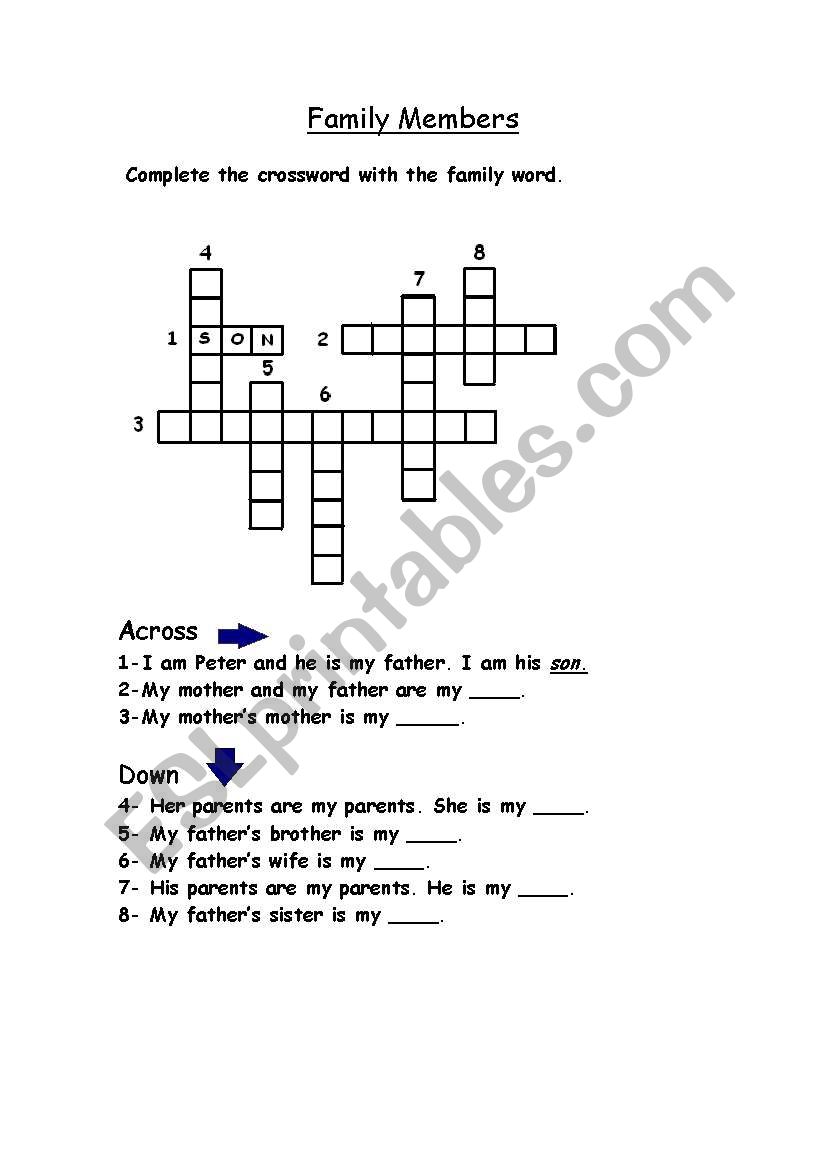 Family members crossword worksheet