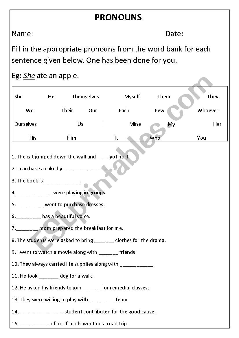 Pronouns worksheet