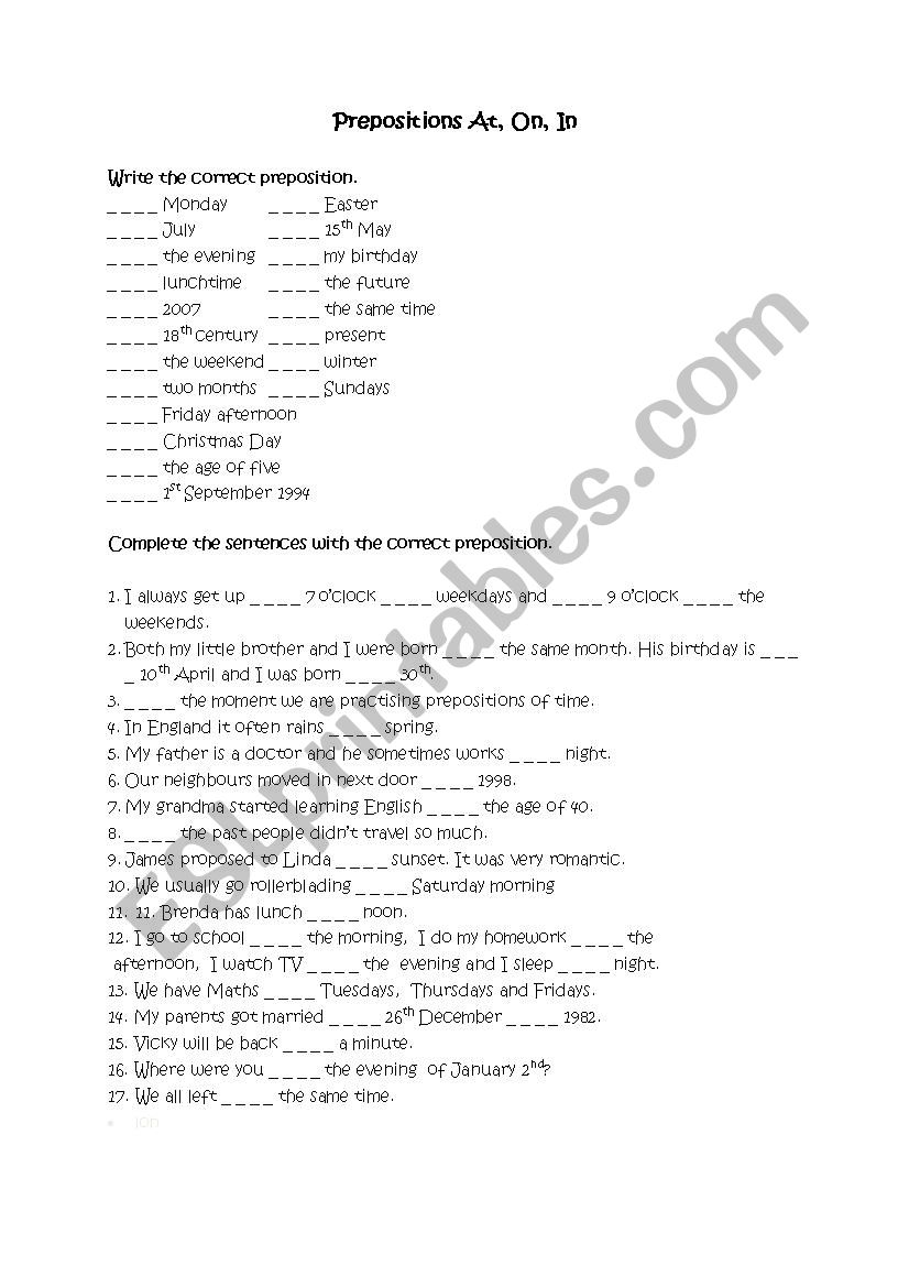 prepositions  worksheet