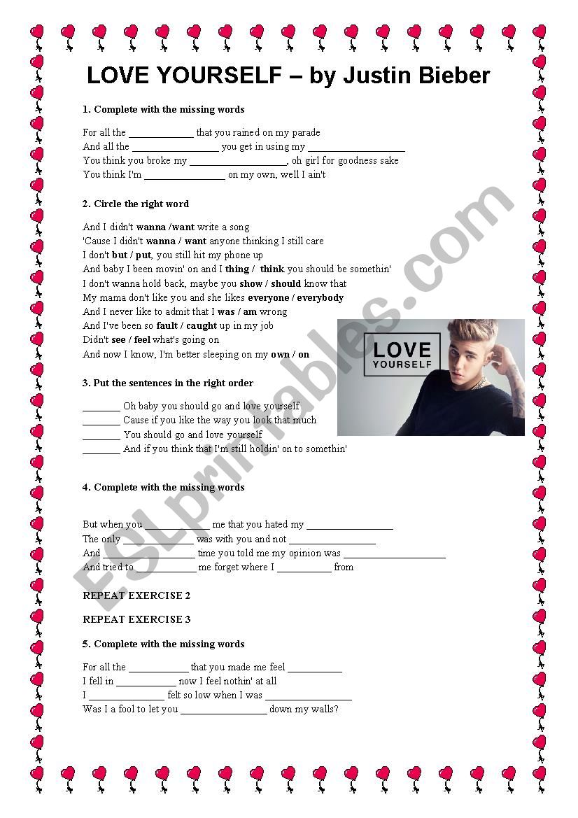 Love Yourself - Justin Bieber worksheet
