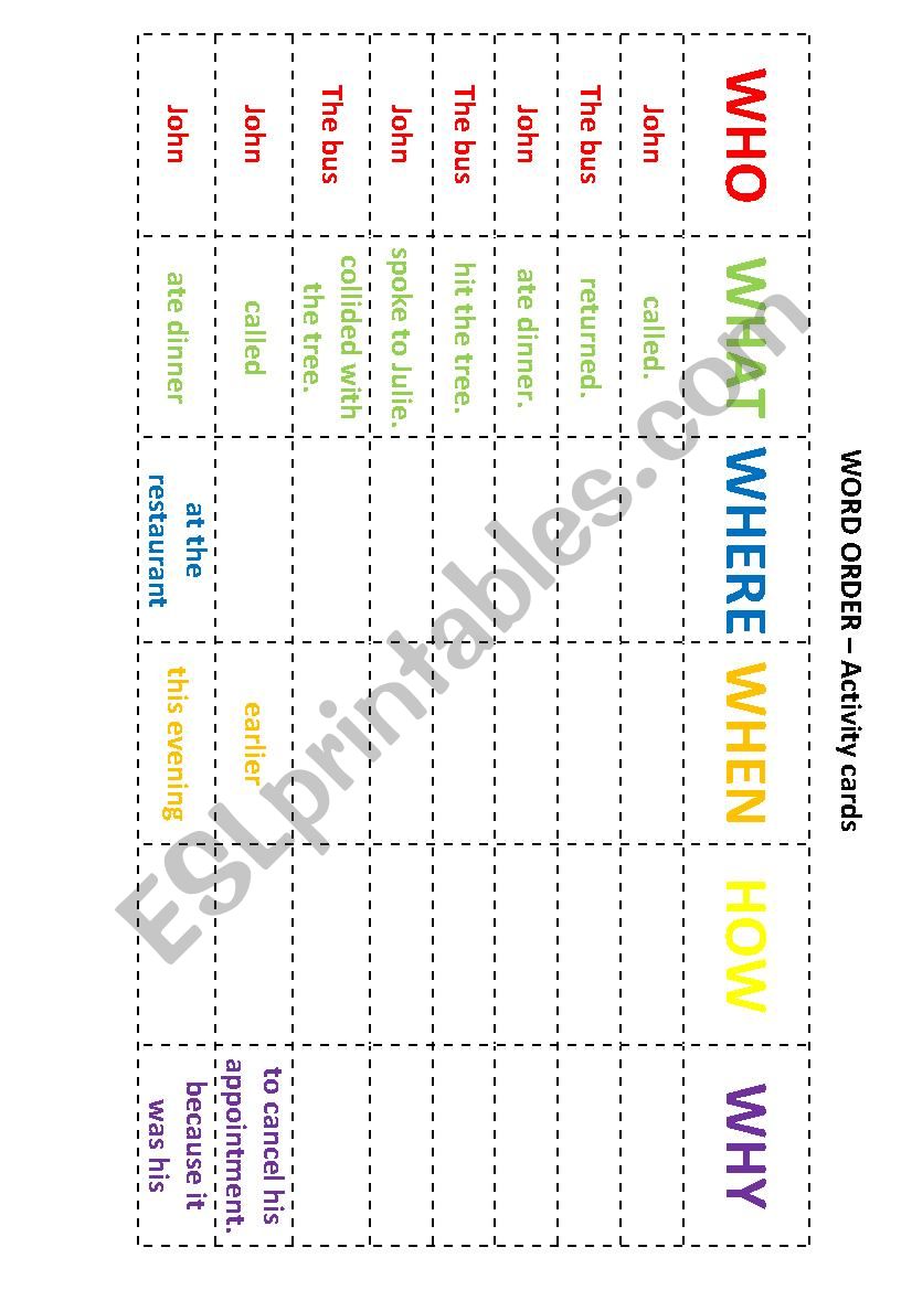 Word order activity cards worksheet