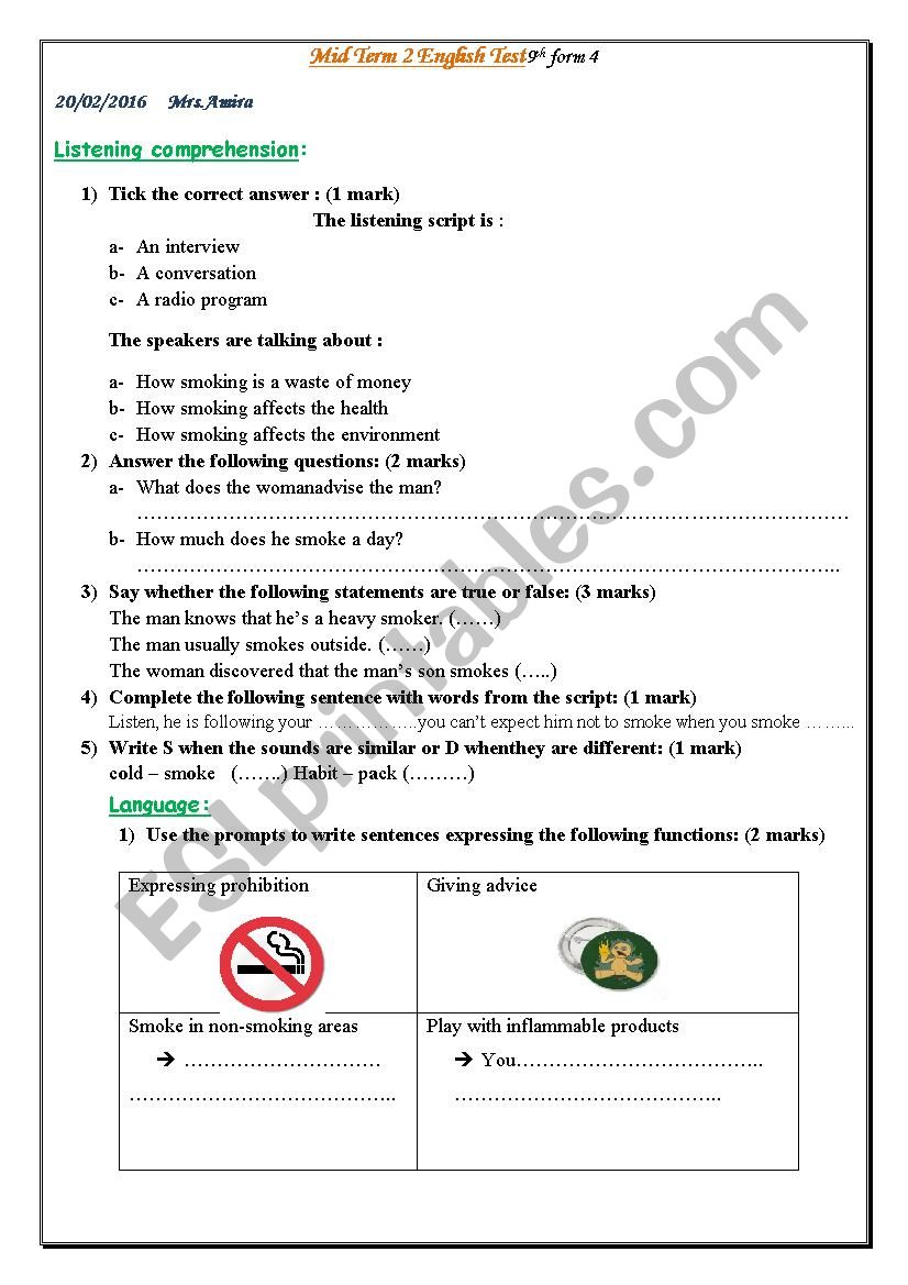 mid term 2 test 9th forms worksheet
