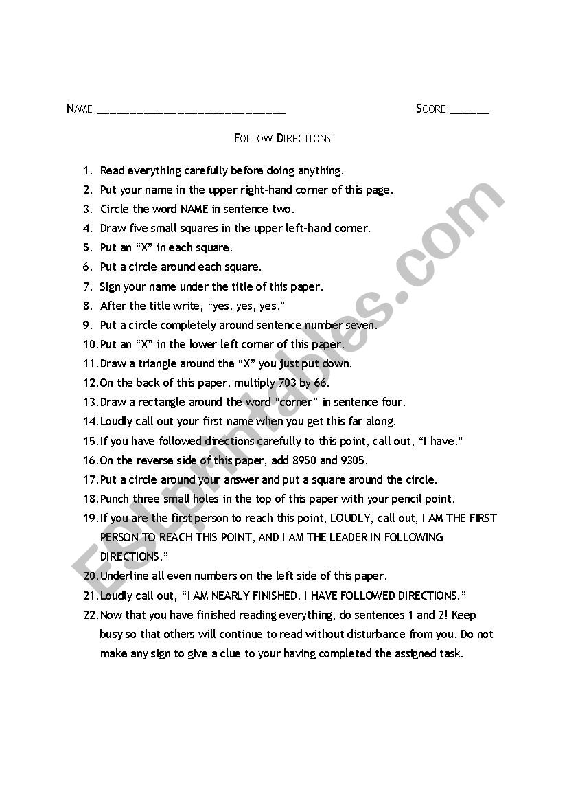 instruction worksheet