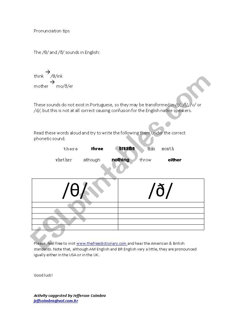 th sounds in English worksheet