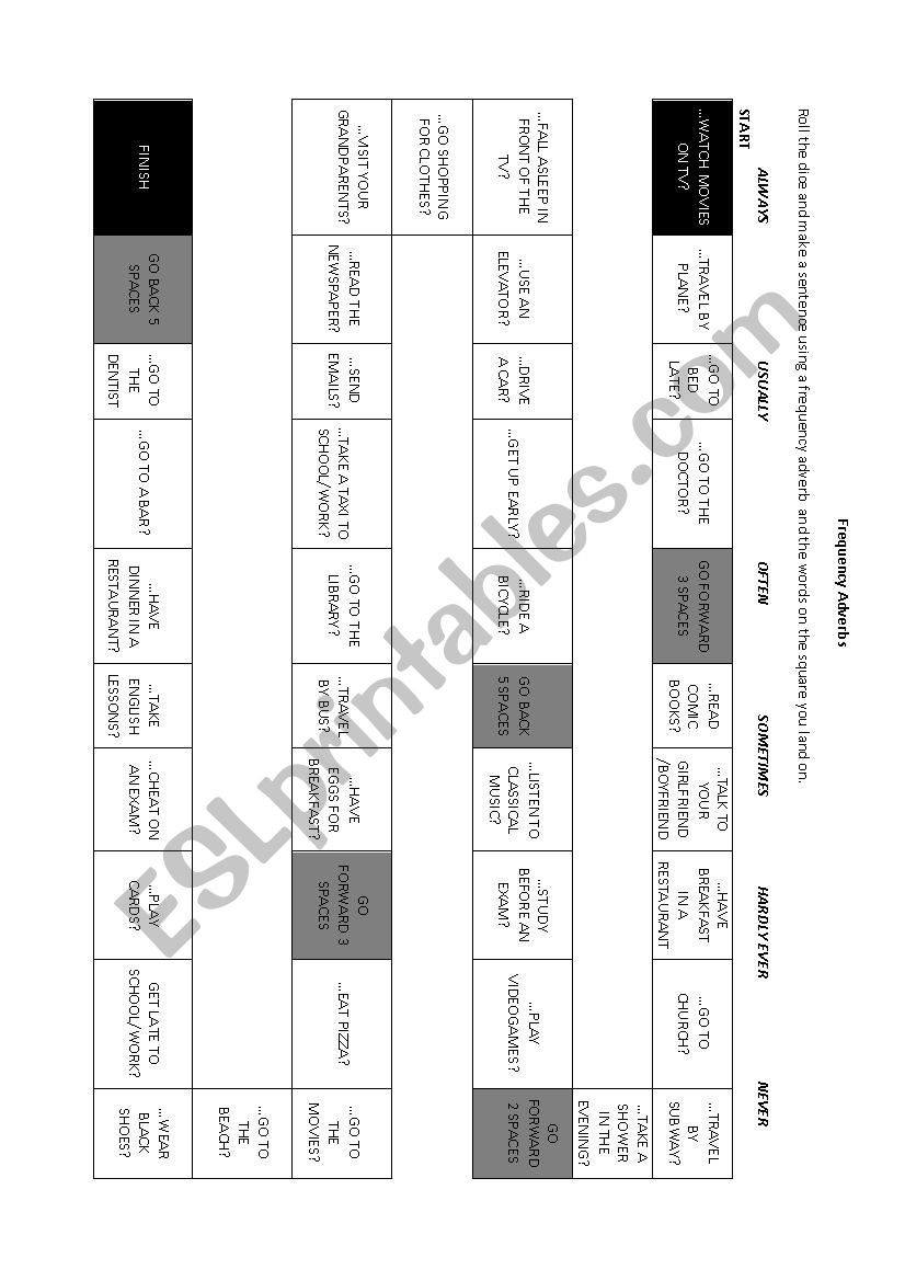 Frequency adverbs board game  worksheet