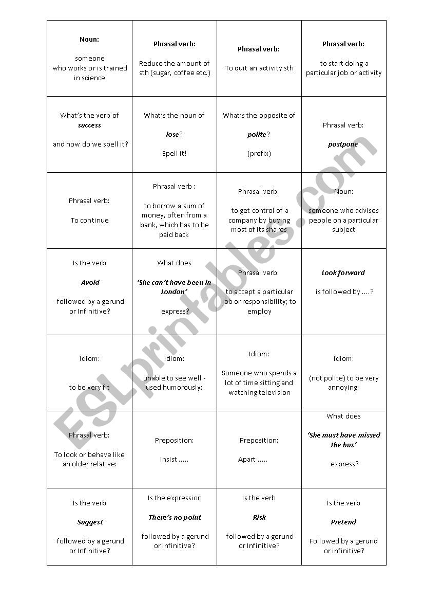 FCE Grammar and vocabulary revision cards