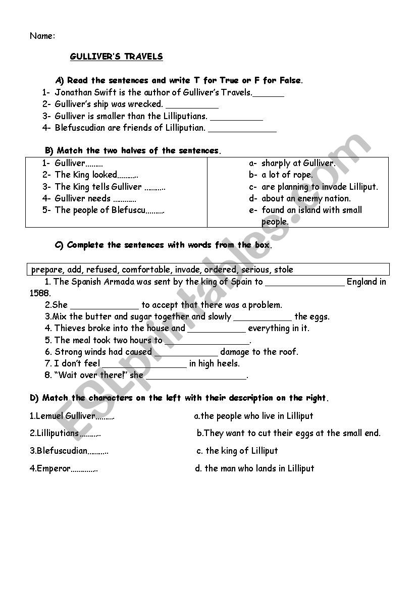 gullivers travels worksheet