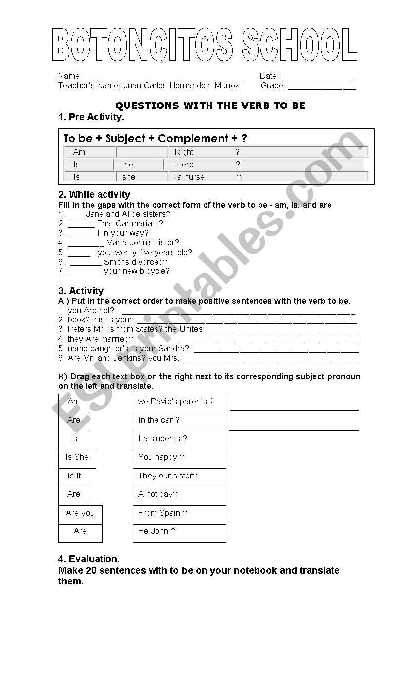 QUESTIONS WITH THE VERB TO BE worksheet