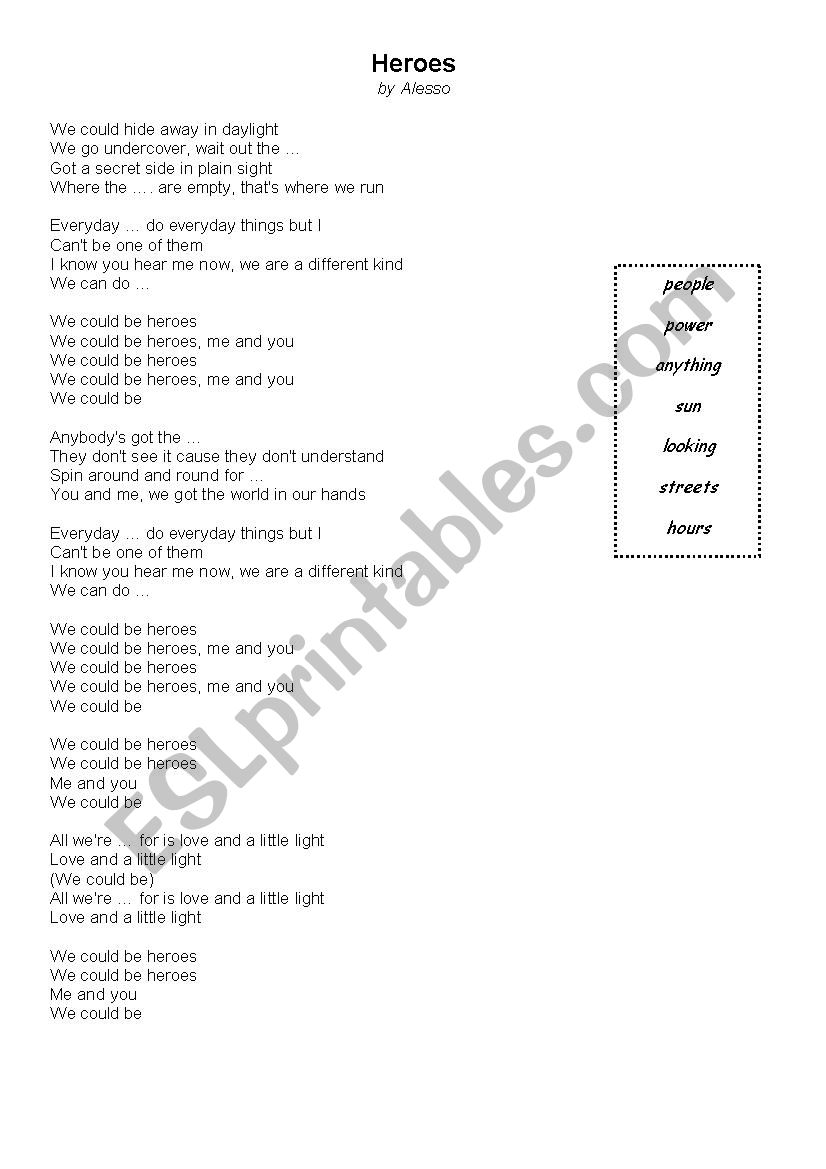 Heroes by Alesso worksheet