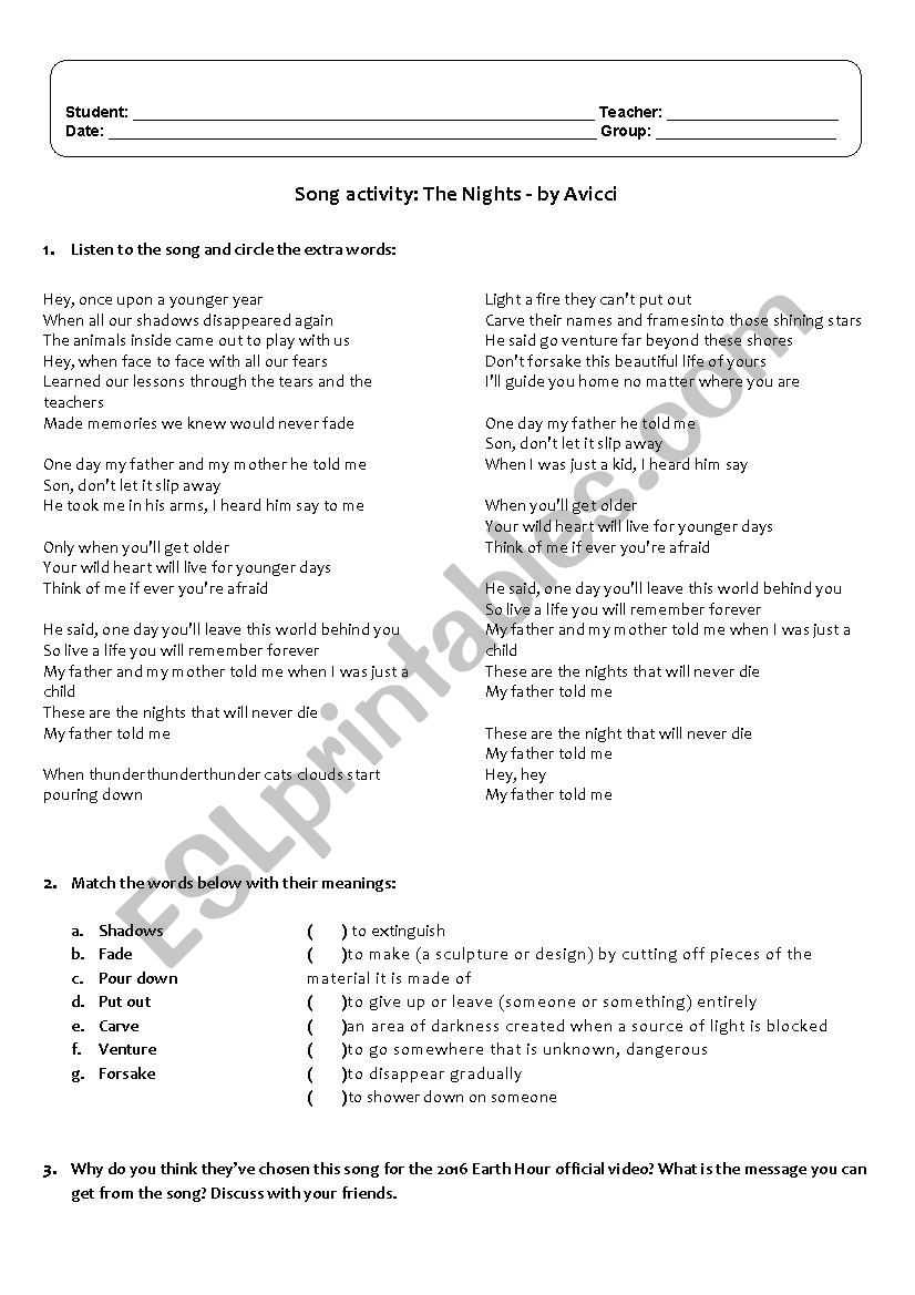 Song Activity The Nights worksheet