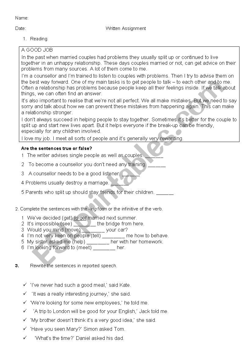 Written assignment for 6th year secondary school students 