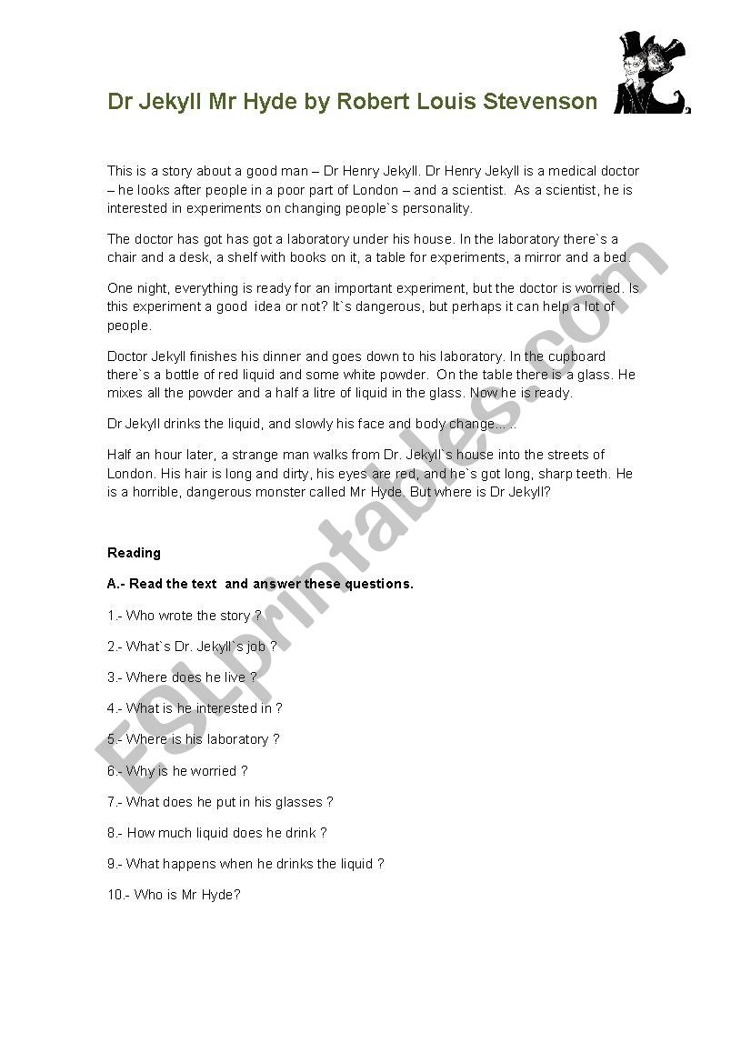 Dr: Jekyll Mr Hyde worksheet