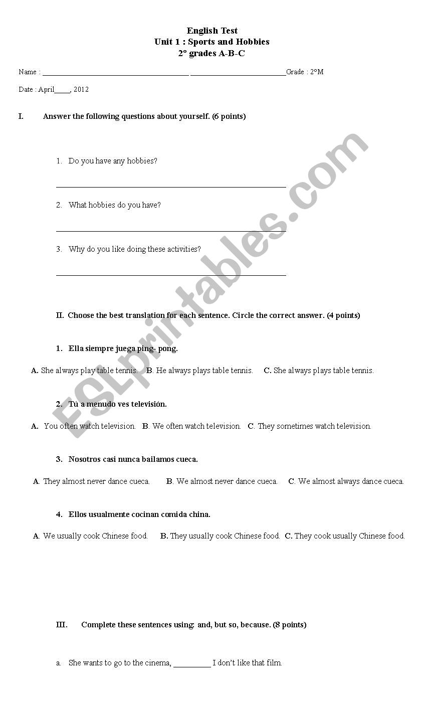 sports and hobbies test worksheet