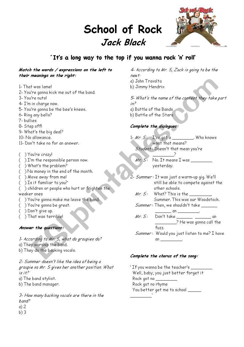 School of Rock worksheet