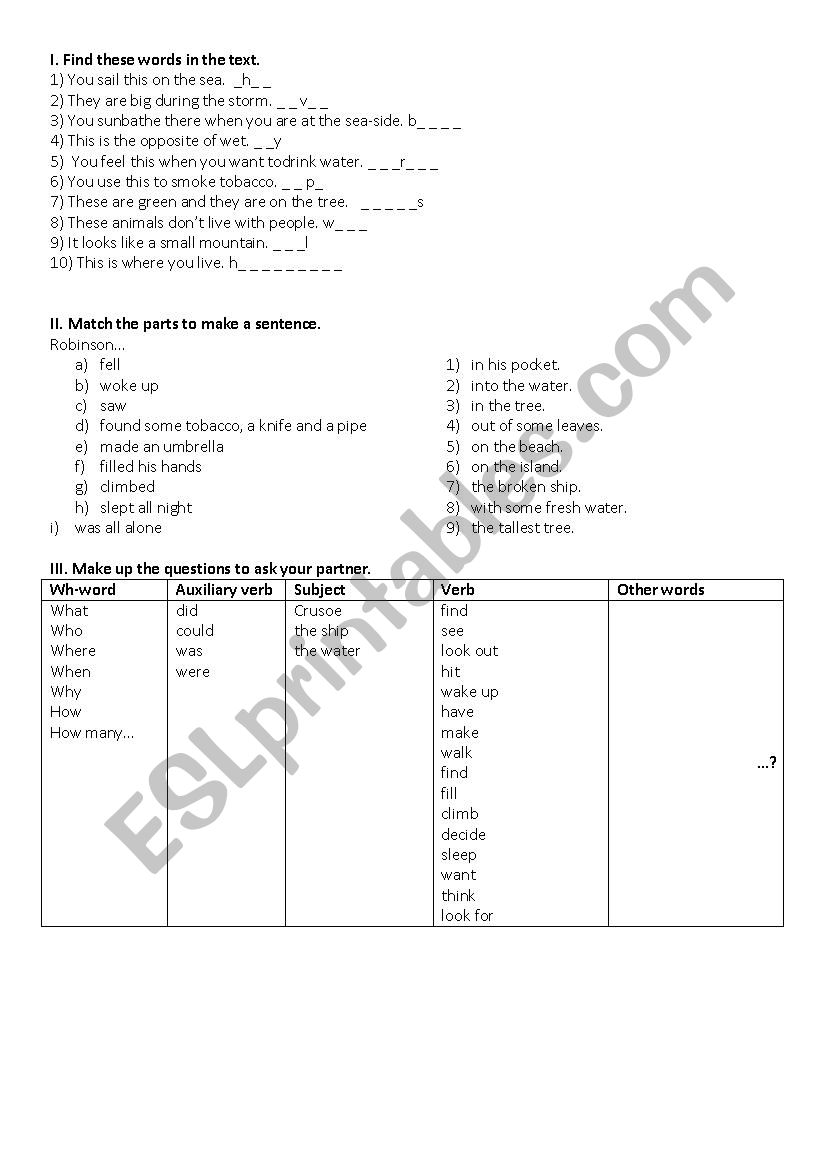 Hot Spot 3 Robinson Crusoe reading comprehention activities