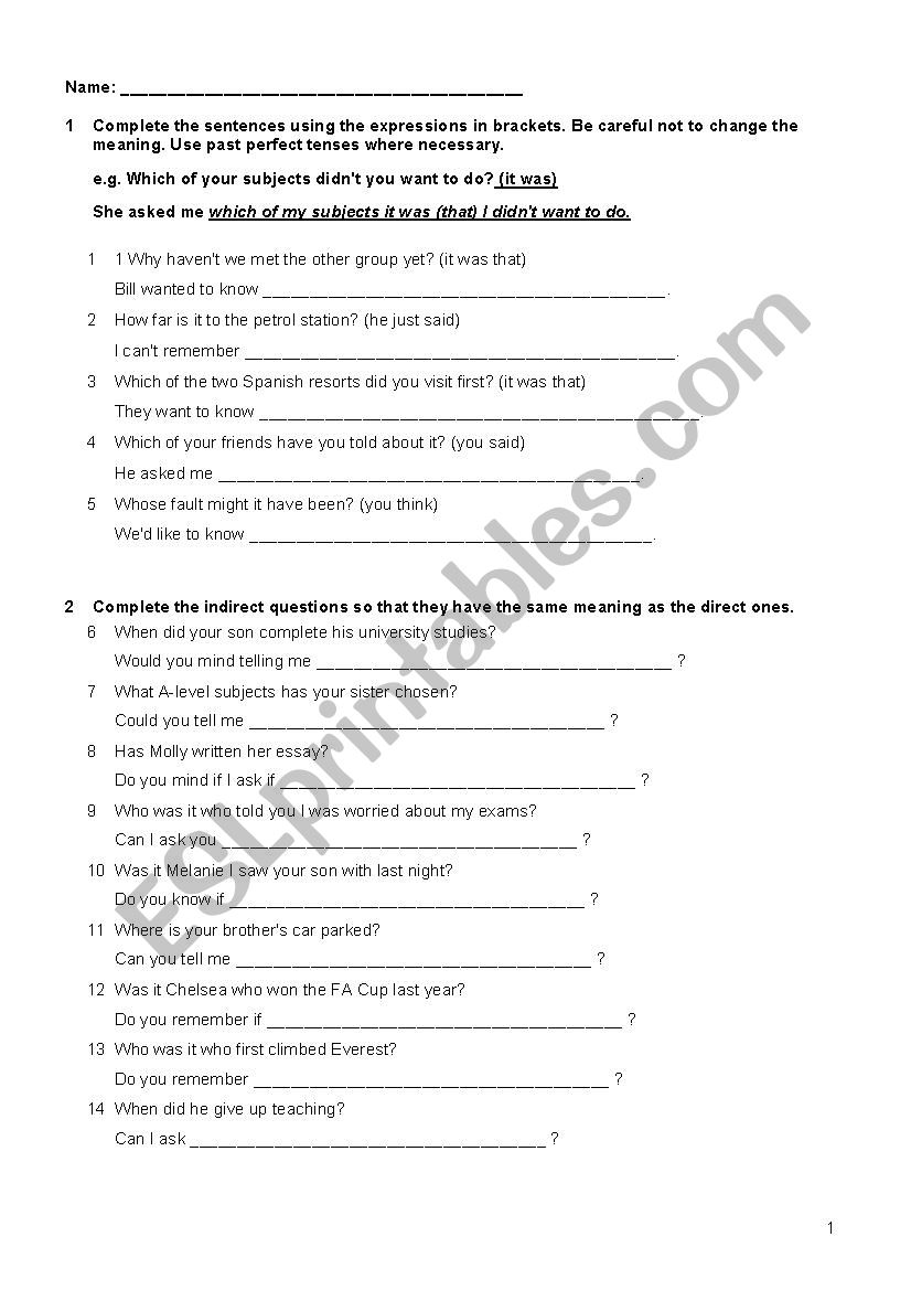 indirect questions worksheet