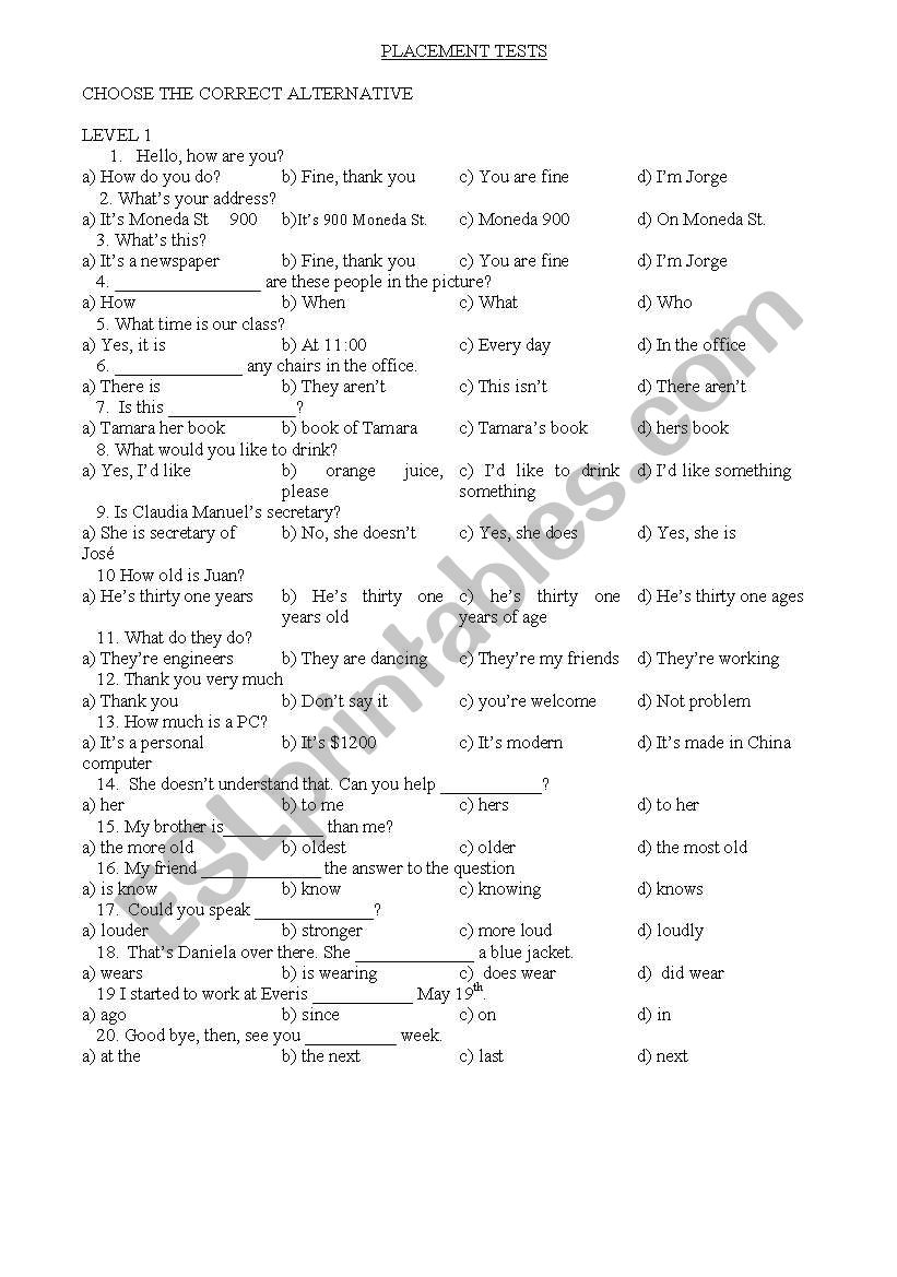 Placement tests worksheet