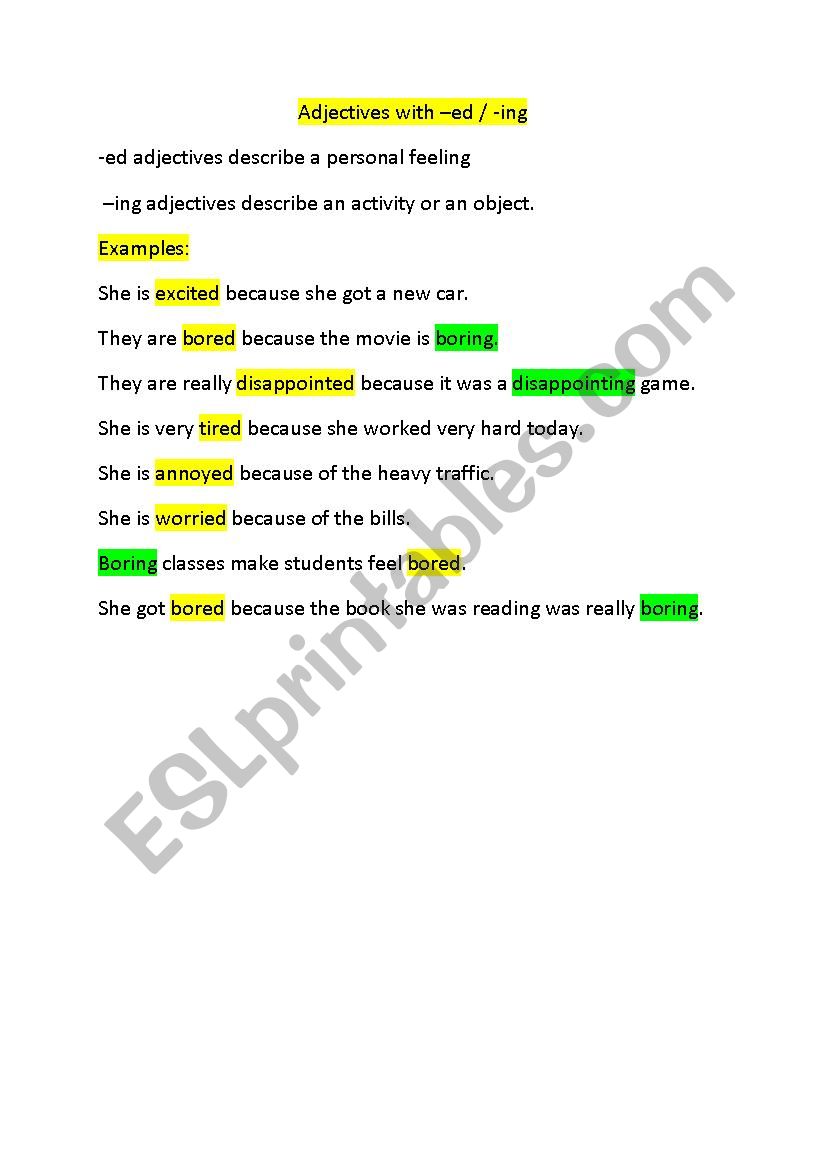 adjectives ending -ed or -ing worksheet