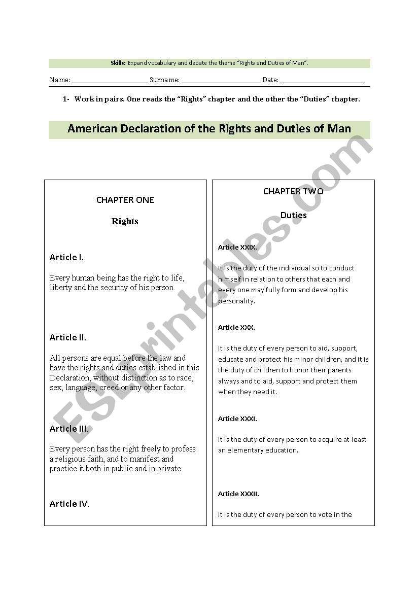 The rights and duties of Man worksheet