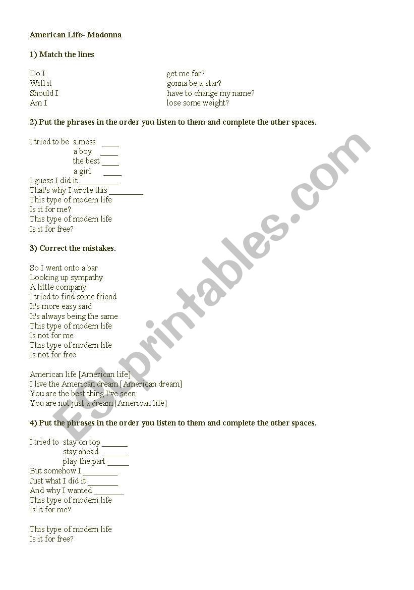 AMERICAN LIFE- MADONNA worksheet