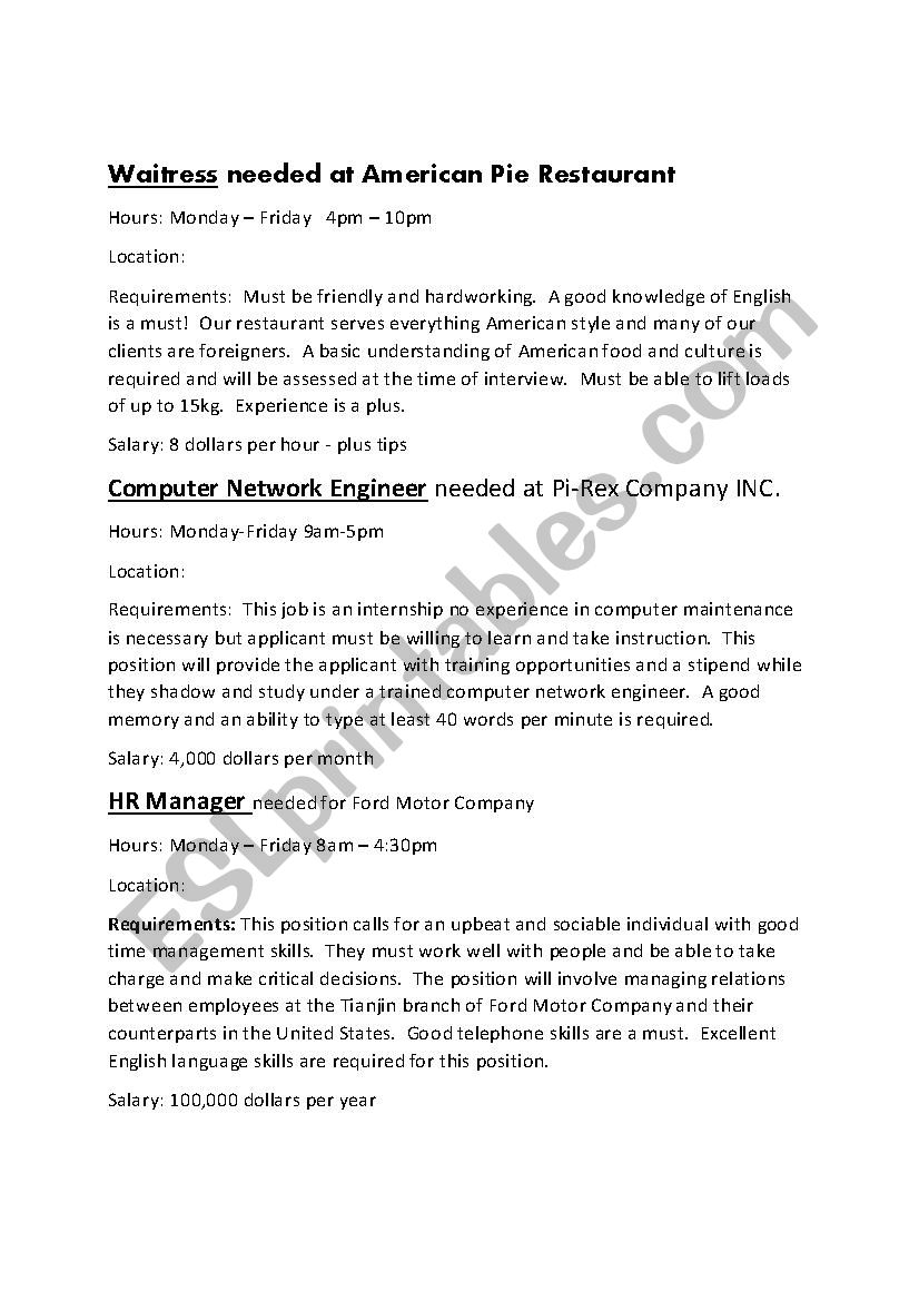 Job adverts worksheet