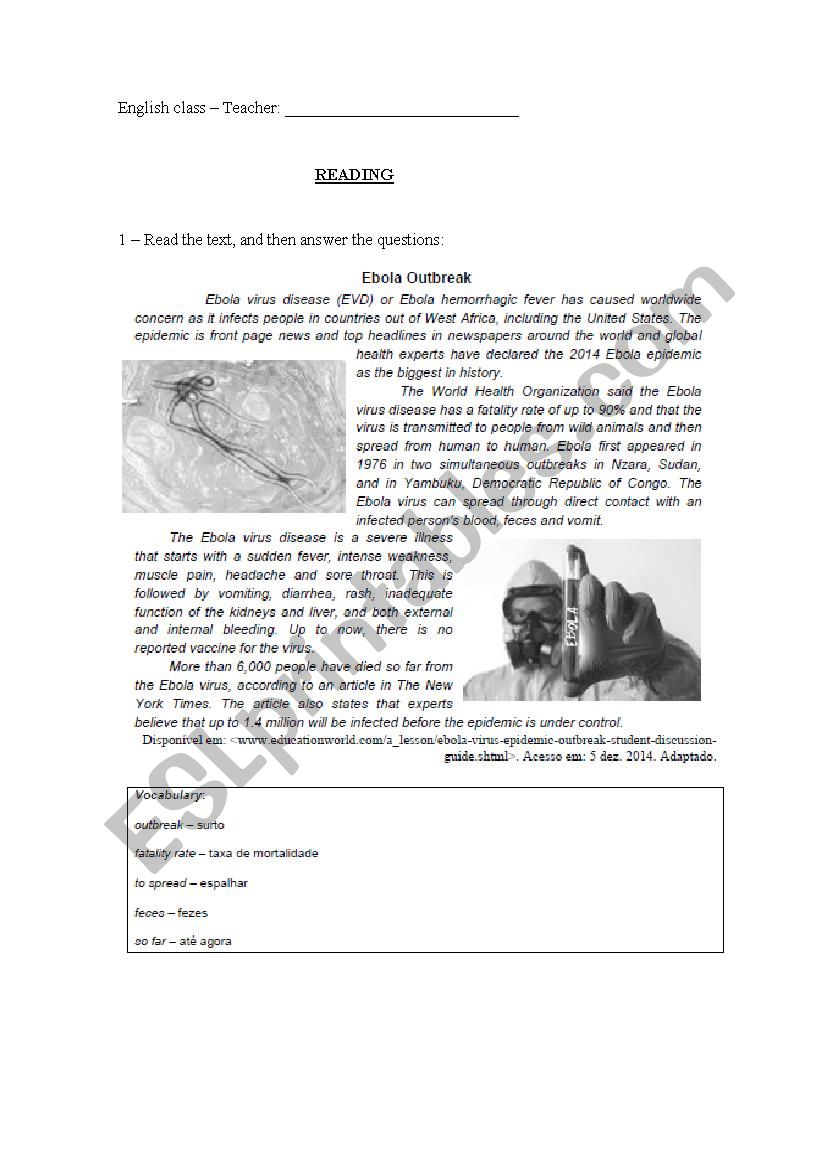 Read and answer: Ebola virus worksheet