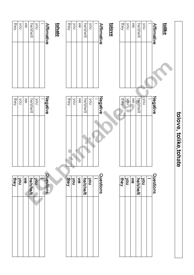 to love, to like, to hate worksheet