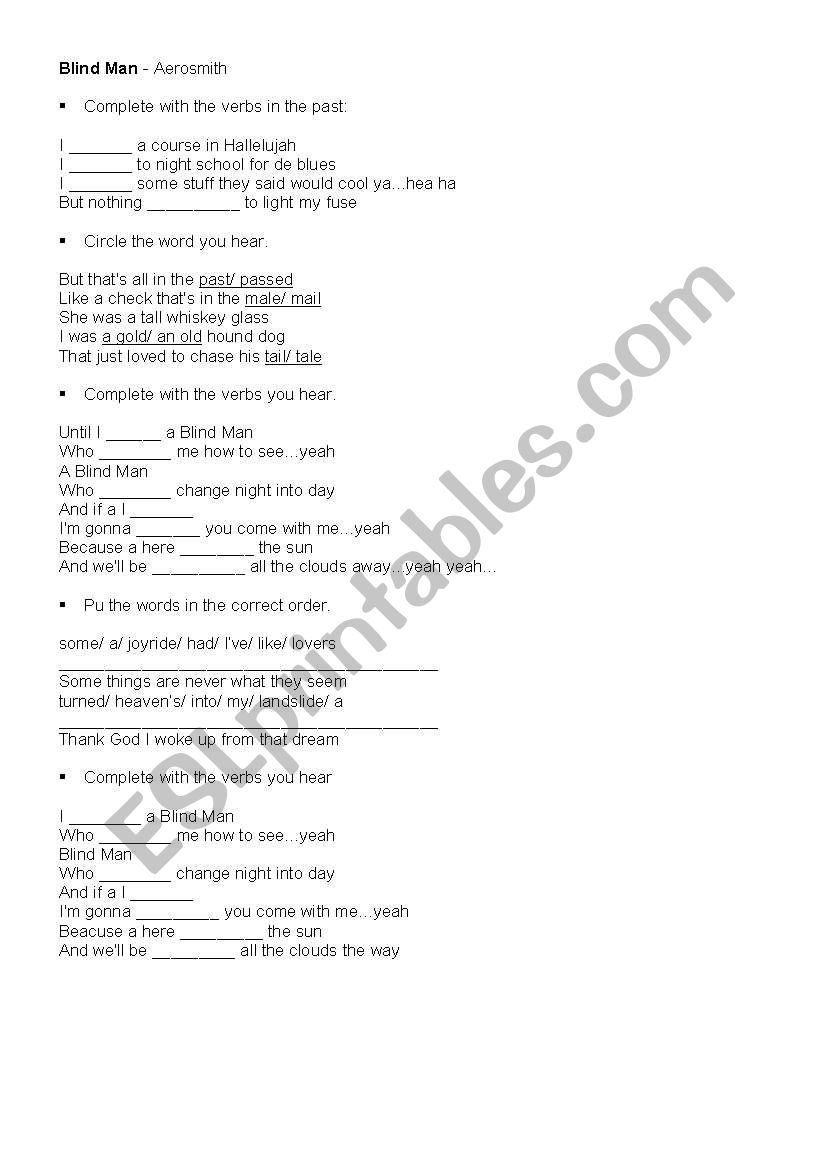 BLIND MAN- AEROSMITH worksheet