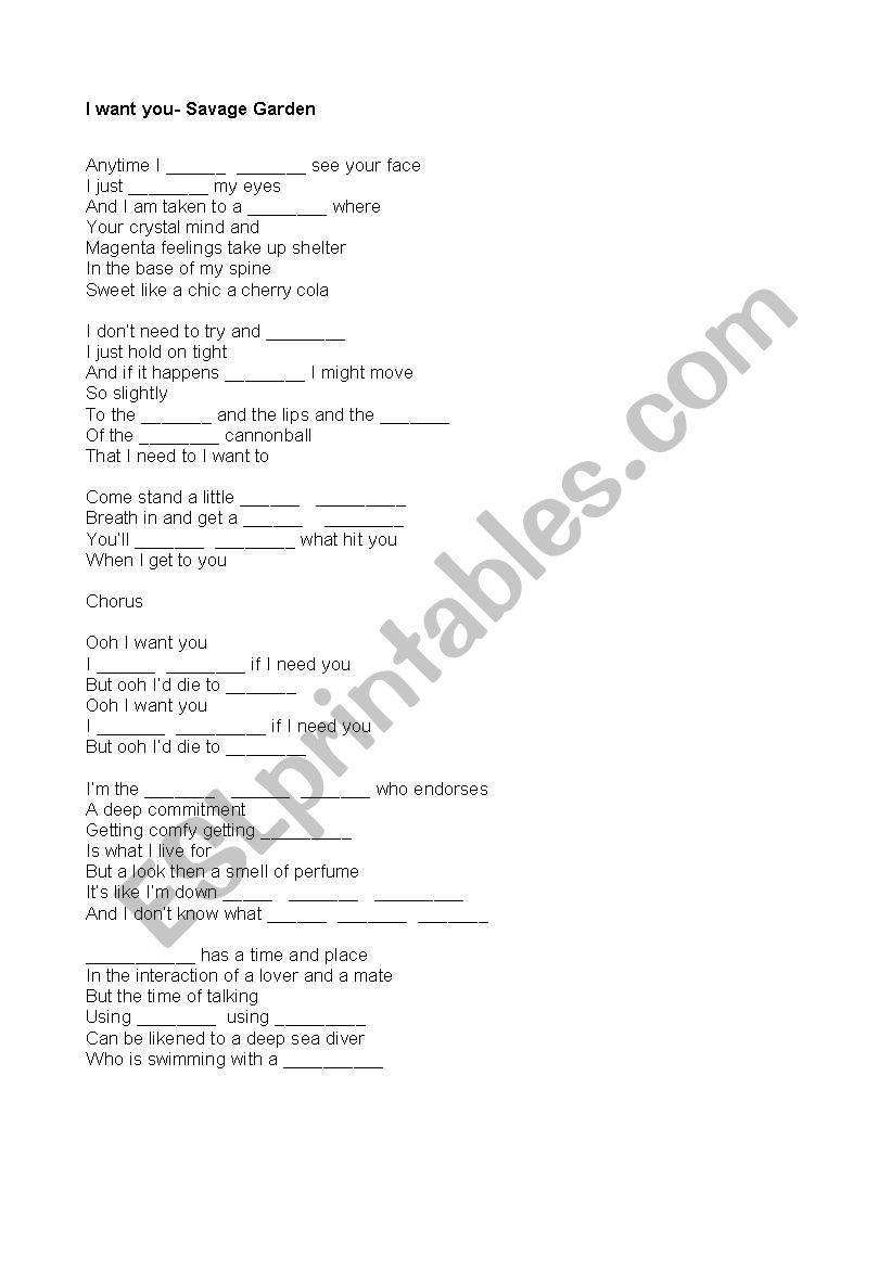 I WANT YOU- SAVAGE GARDEN worksheet