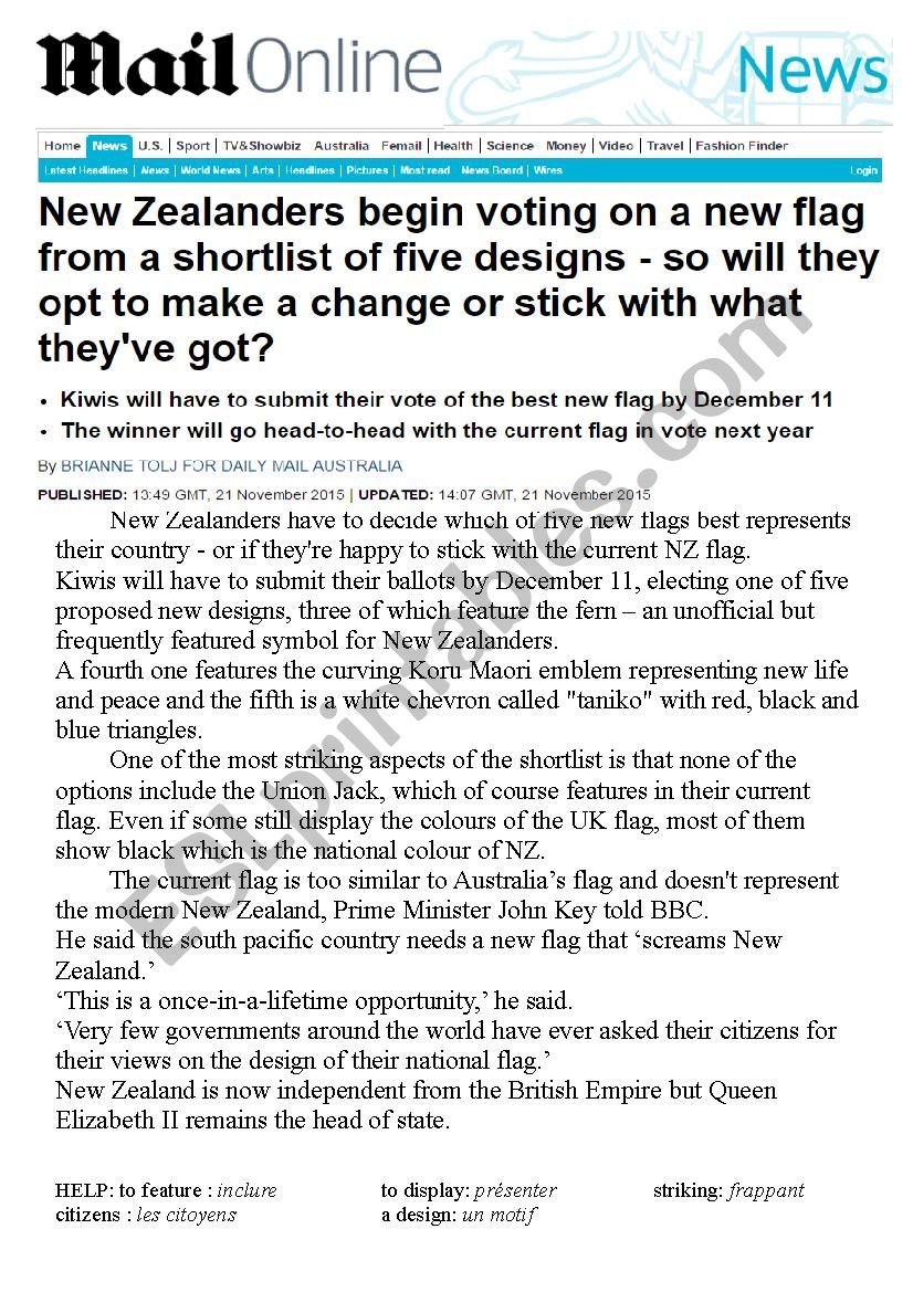 NZ vote for a new flag (n1) worksheet