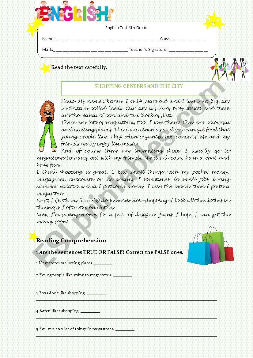 Shopping test worksheet