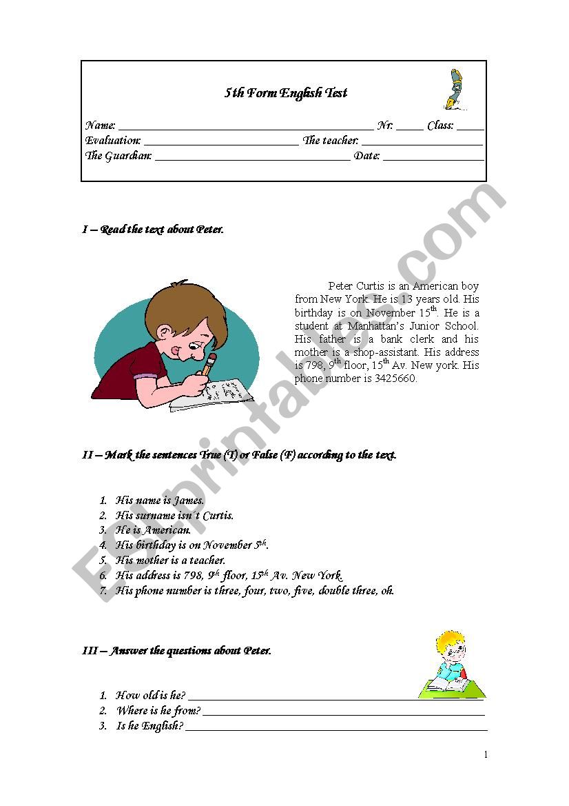 test 5th grade worksheet