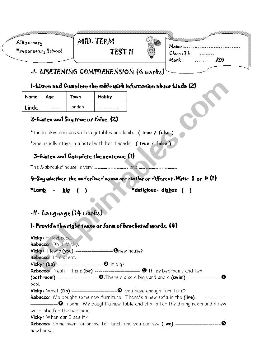 Mid term test 3 7th form Tunisian program