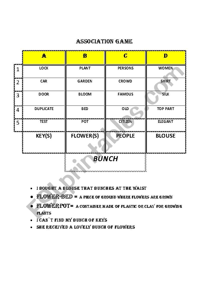 BUNCH, association game worksheet