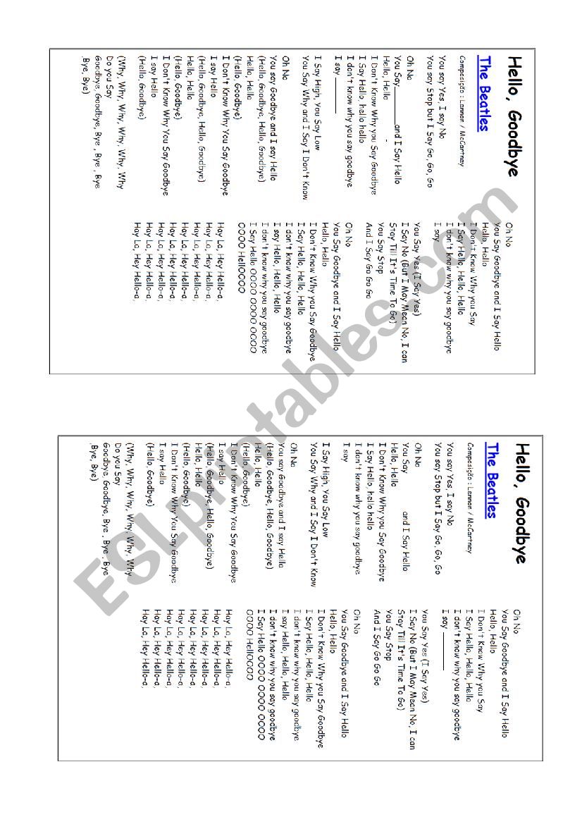 hello, goodbye (beatles) worksheet