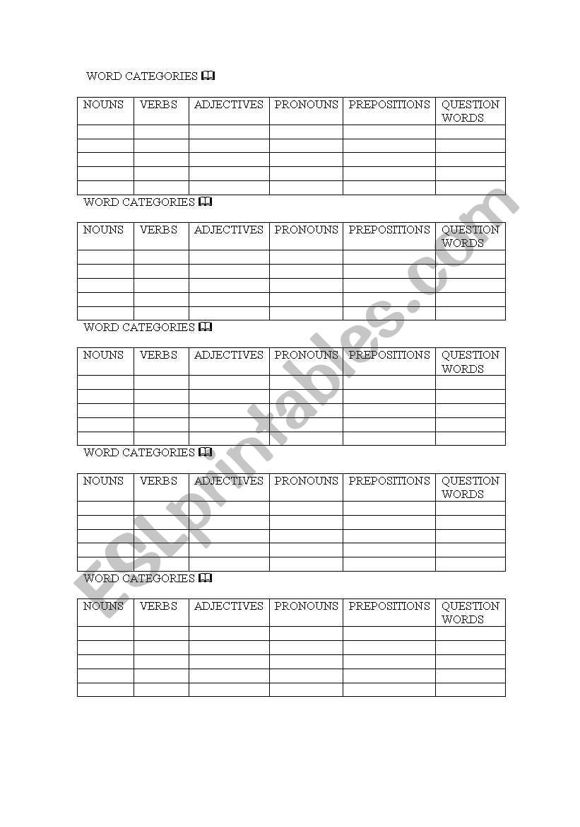 Categories  worksheet