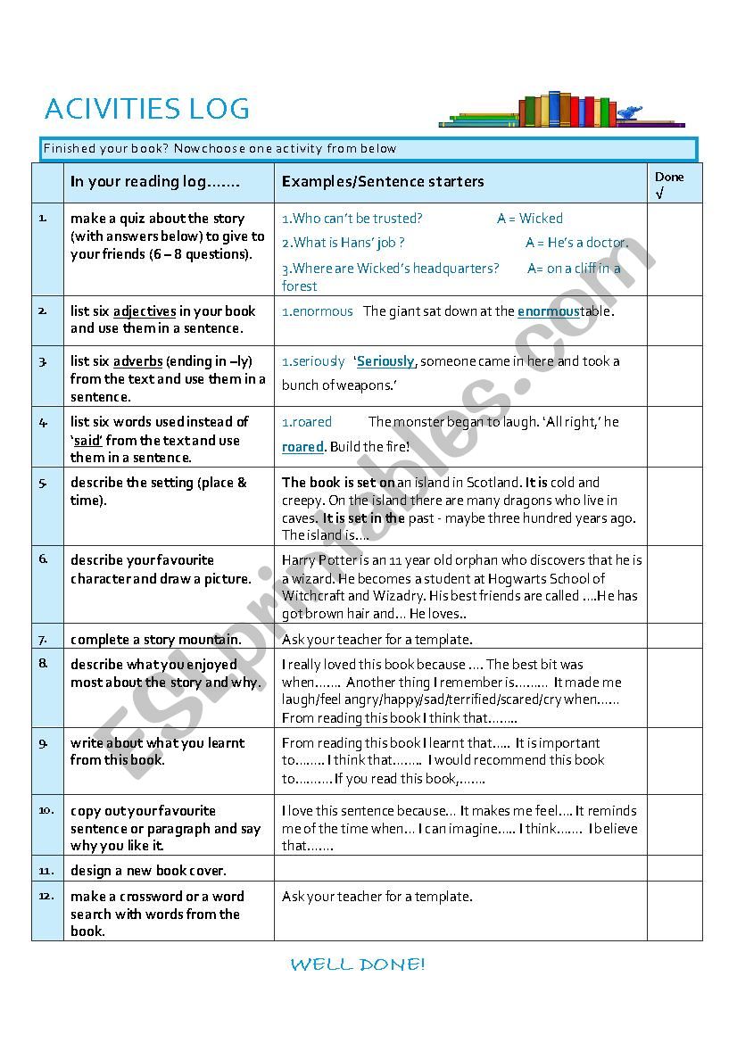 Reading Activities Log worksheet