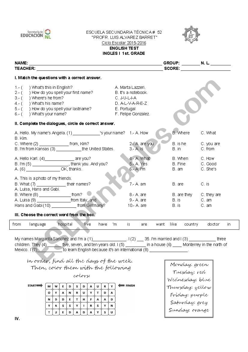 diagnostic test  worksheet