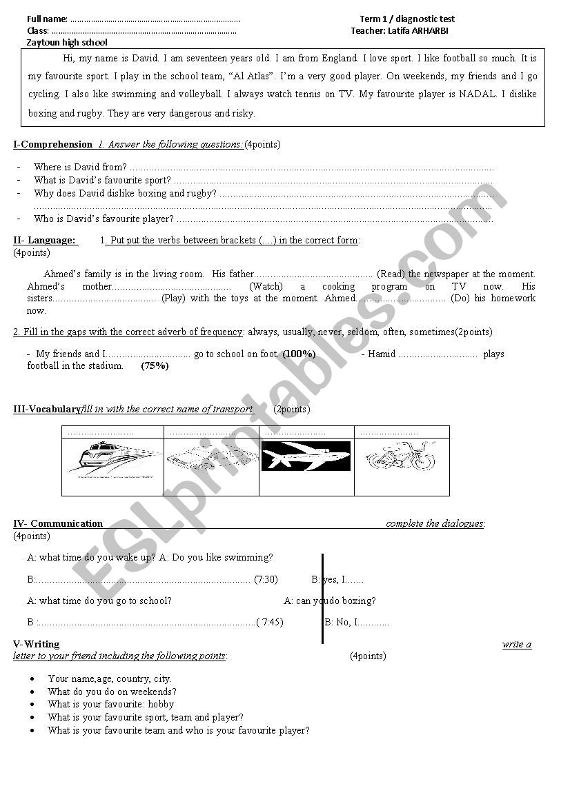 diagnostic test worksheet