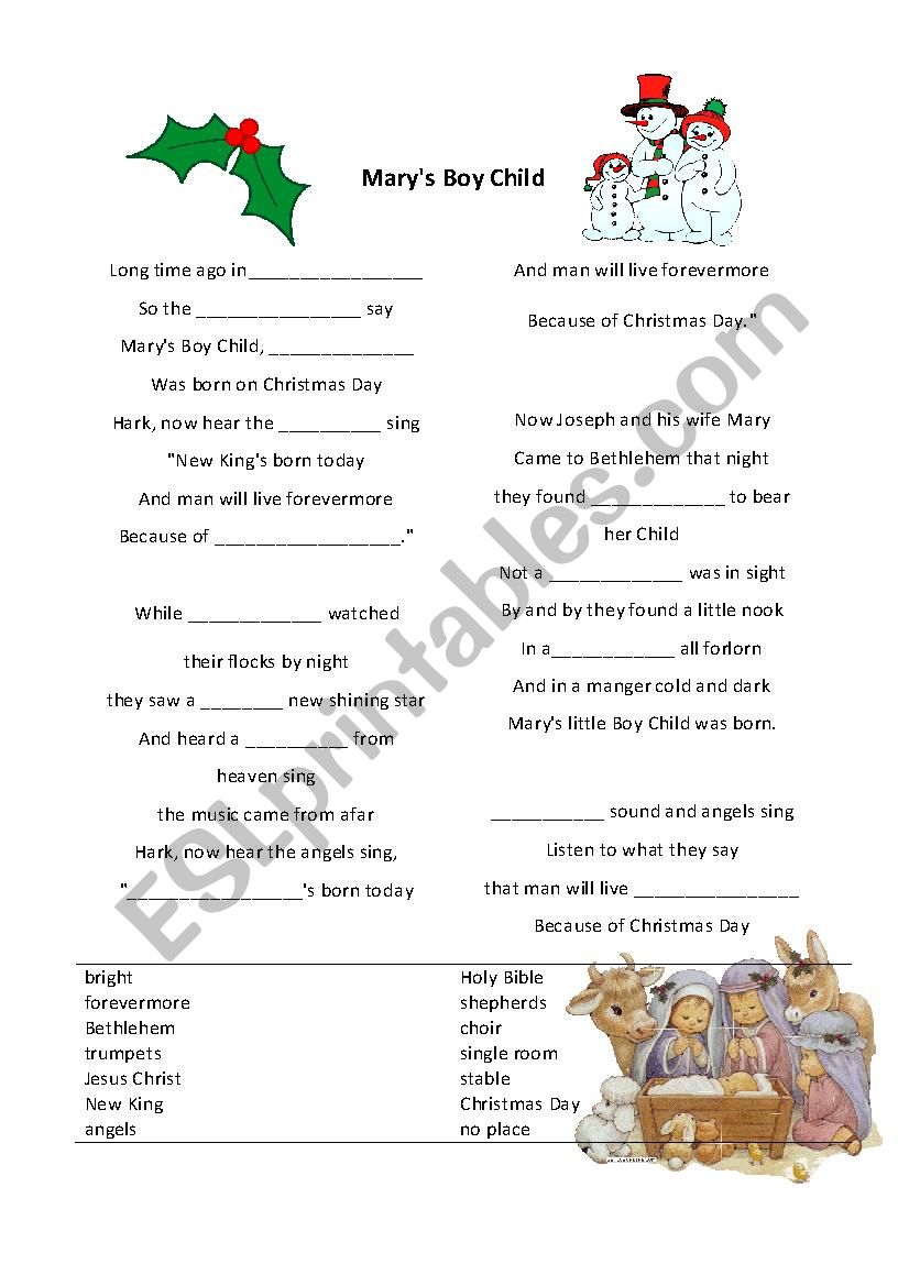 Marys boychild gapped text worksheet