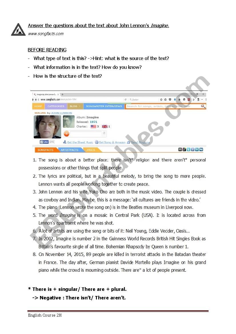 Reading exercise about songfacts Imagine (John Lennon) with exercises on questions with to be.