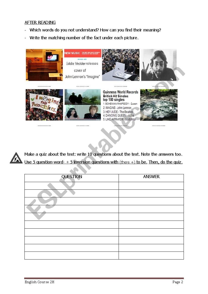 Reading Exercise About Songfacts Imagine John Lennon With Exercises On Questions With To Be Esl Worksheet By Elkecorn Johnny fiama and sal minella performed a parody rendition of the song during the 2005 jerry lewis mda labor day telethon. songfacts imagine john lennon