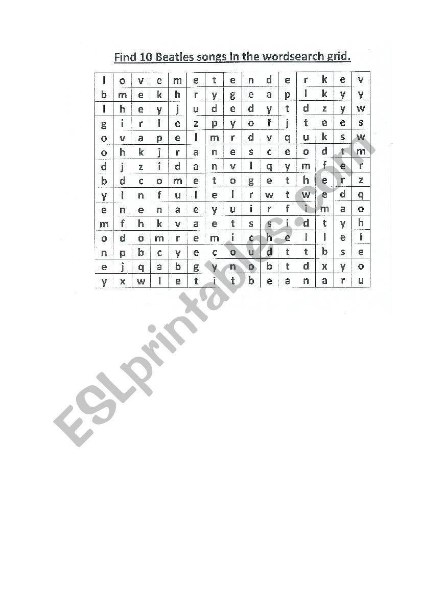 wordsearch. the songs worksheet