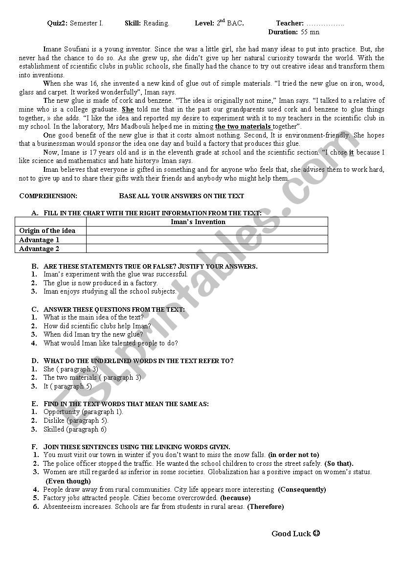 reading test worksheet